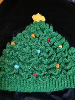 Handmade Green Christmas Tree Knit Beanie Hat with Multicolor Ornaments